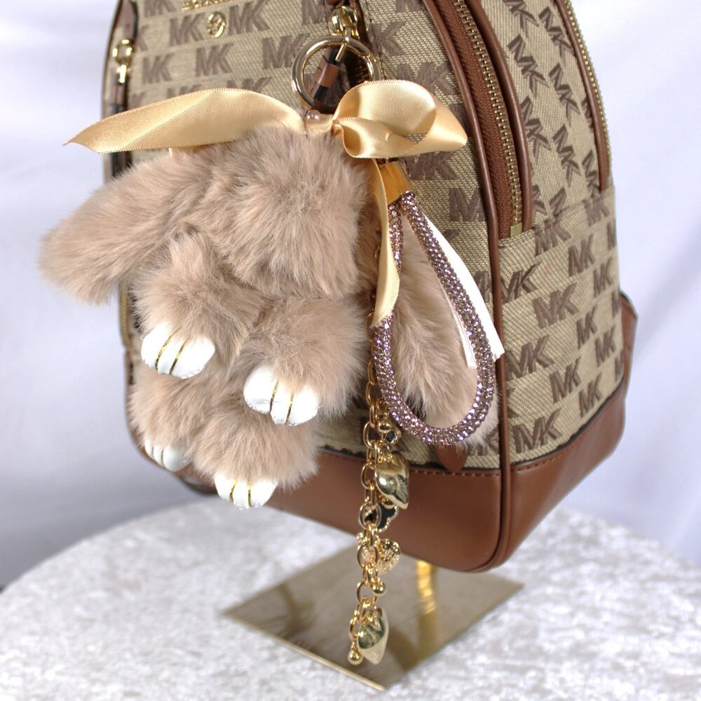 Faux Fur Bunny Bag Charm Gold Keychain Tassel Rhinestone Loop Boutique Style - Picture 4 of 4